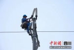 阳光下抢修人员正在安装和恢复受损输电线路。张恒摄 - Sc.Chinanews.Com.Cn
